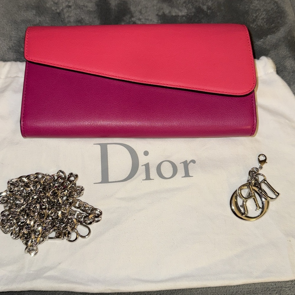 Christian Dior wallet on a chain pink n orange leather excellent condition.